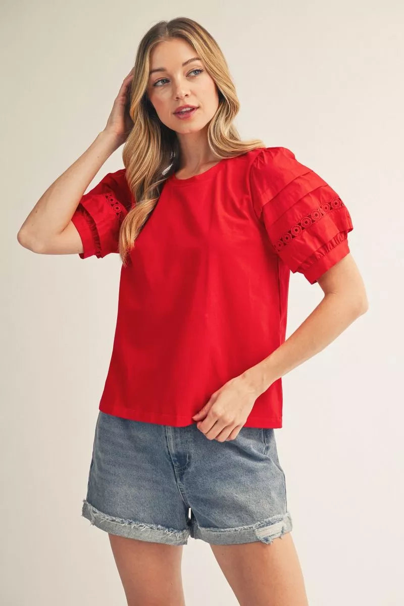Lace Accent Puff Sleeve Top
