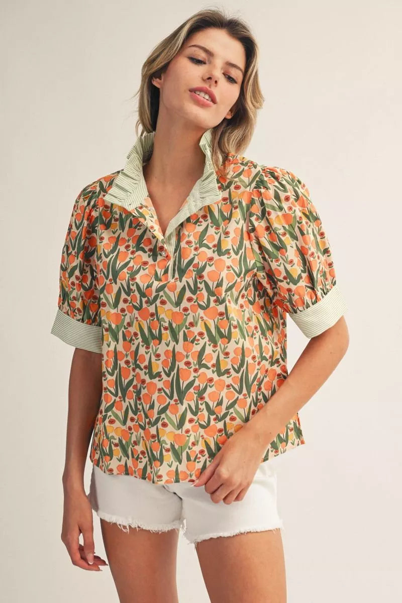 Floral Top with Contrasting Stripe