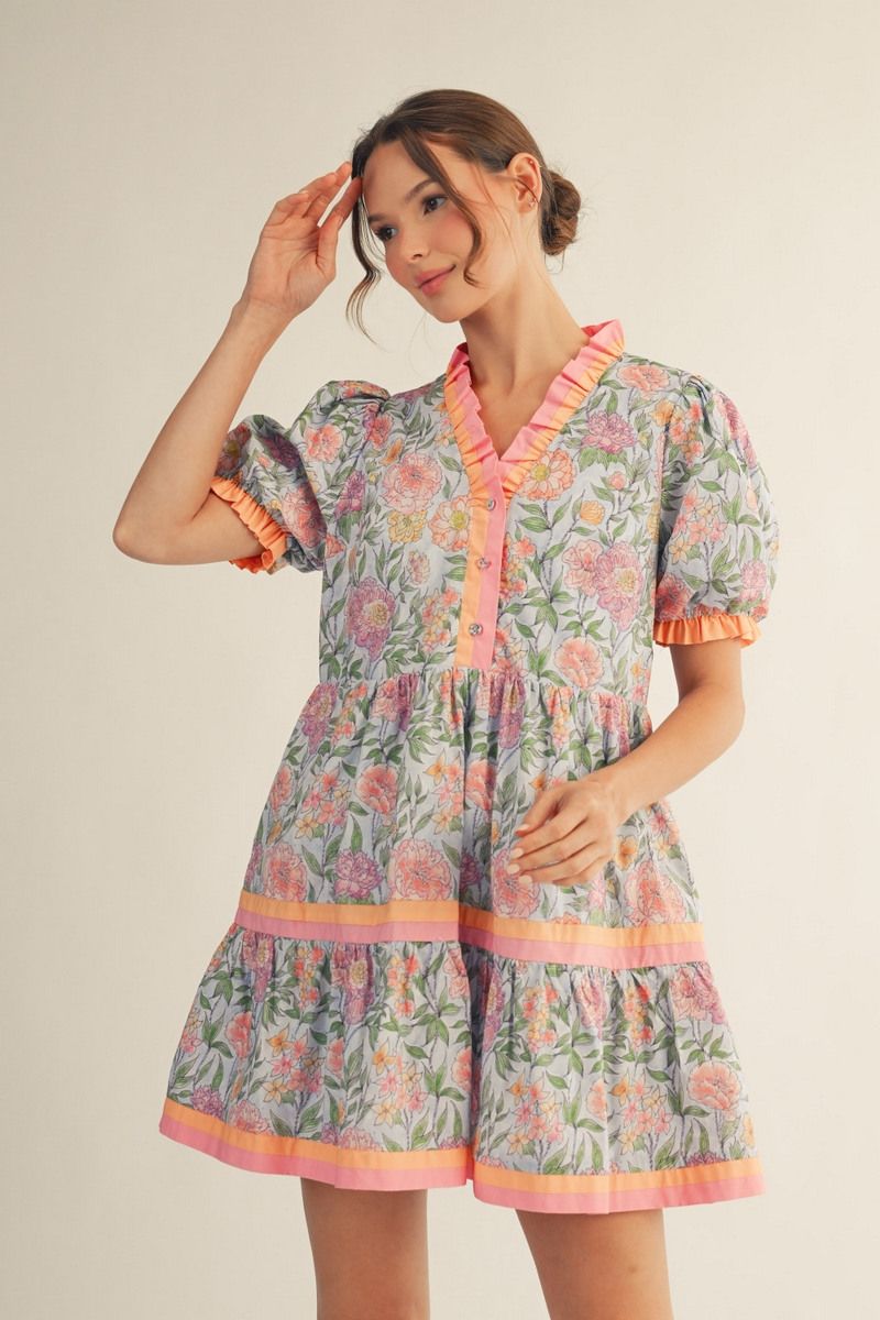 Tiered Floral Print Mini Dress