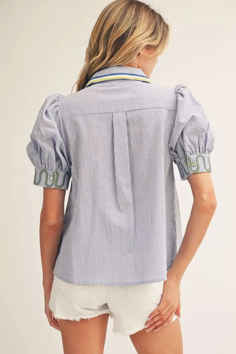 Blue Striped Puff Sleeve Button Up Top