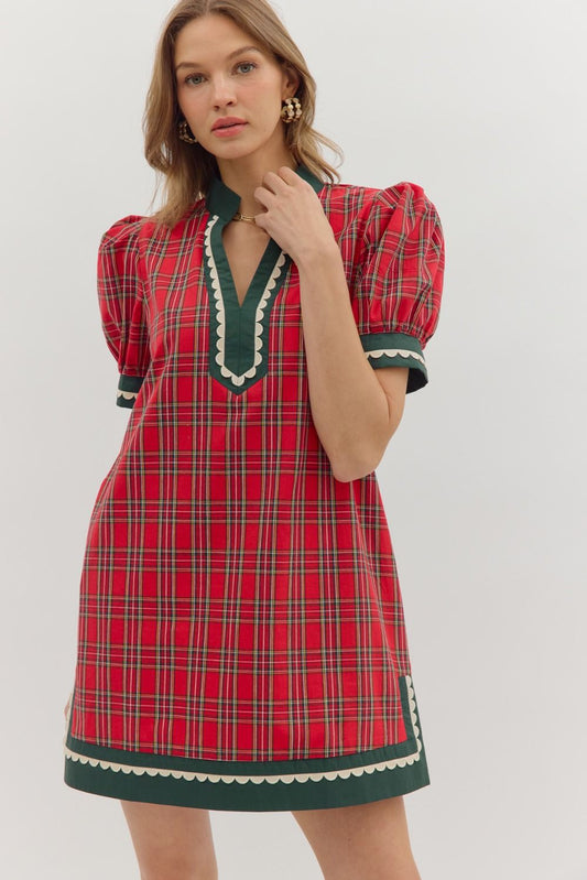 Plaid Mini Dress with Contrasting Trim