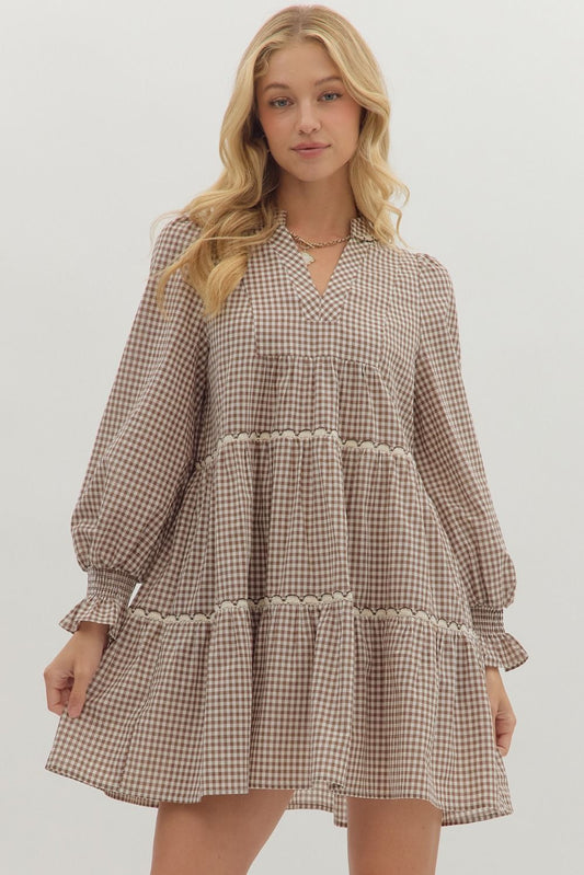 Gingham Long-Sleeve Mini Dress