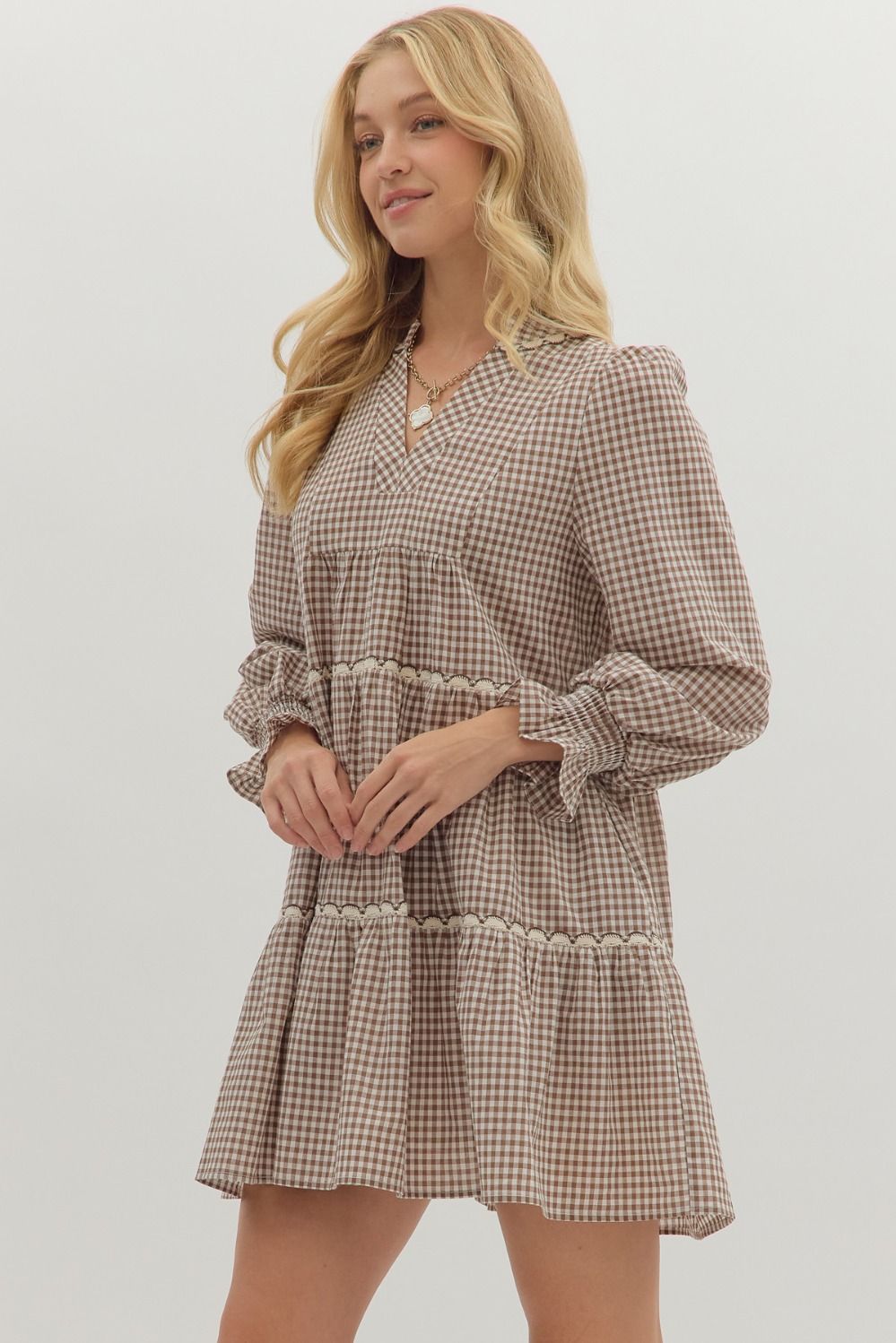 Gingham Long-Sleeve Mini Dress