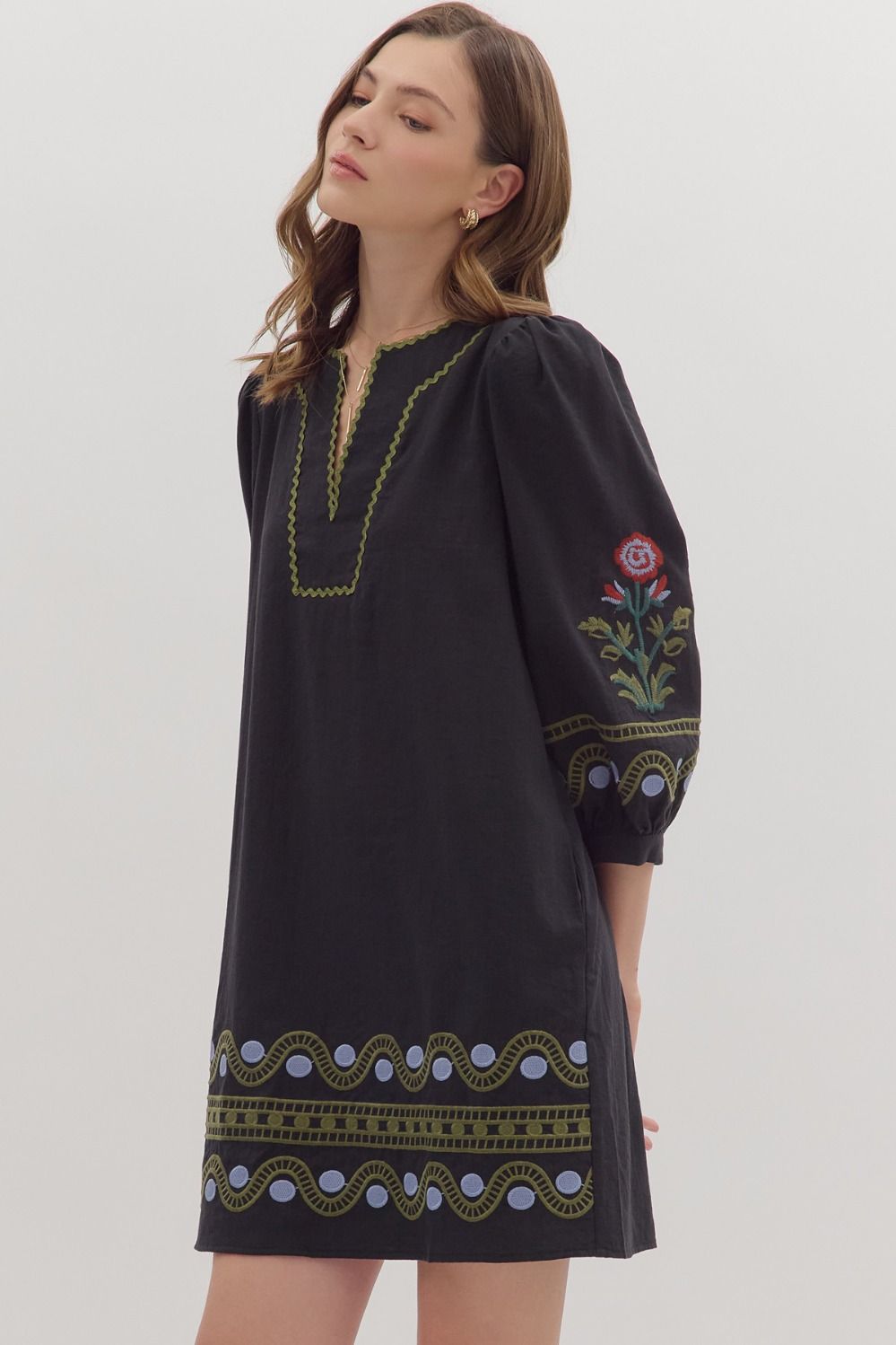 Embroidered Caftan Mini Dress