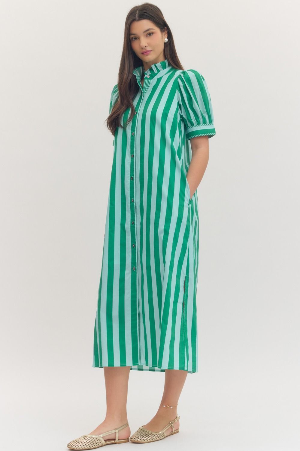 Puff Sleeve Striped Midi Dress