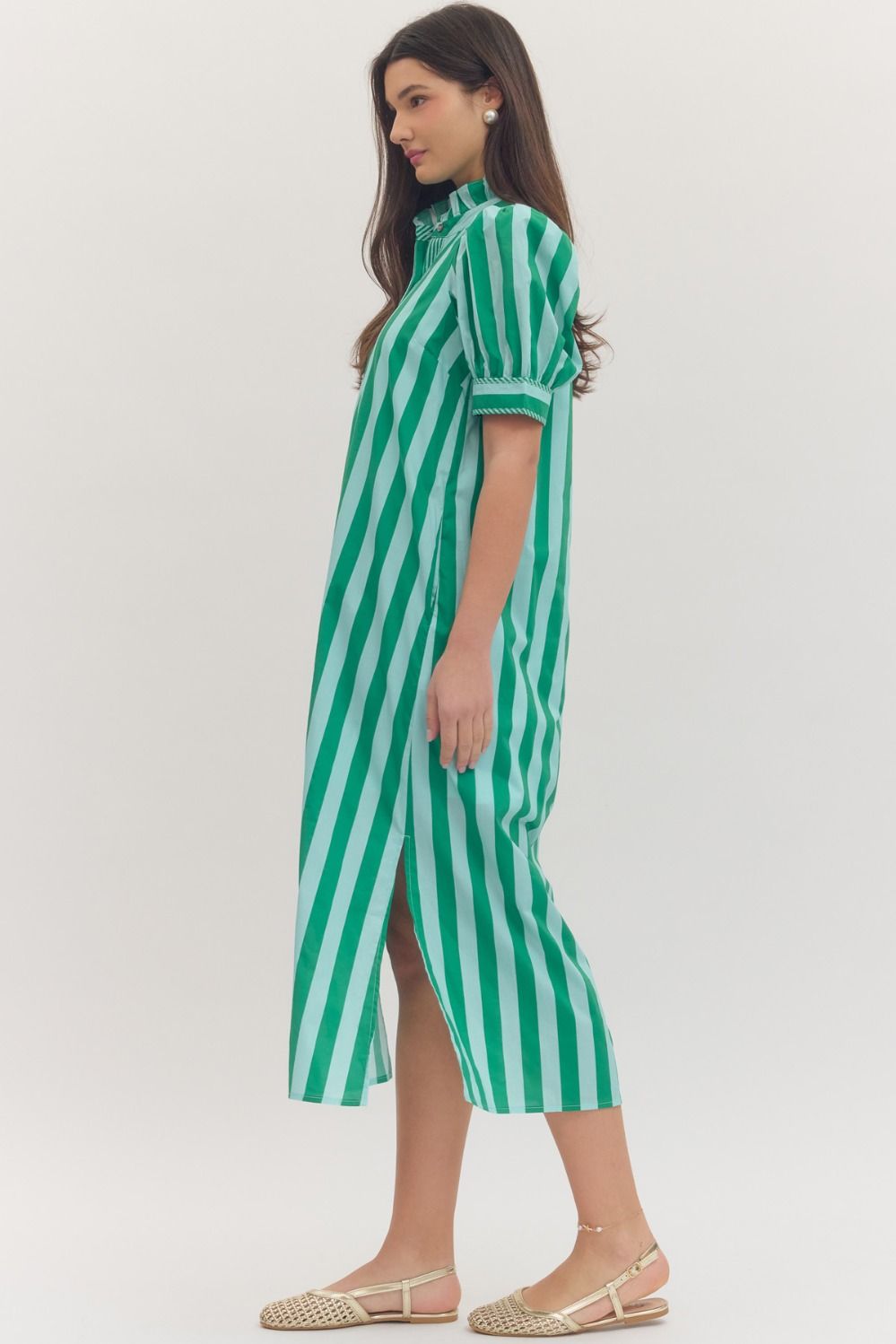 Puff Sleeve Striped Midi Dress