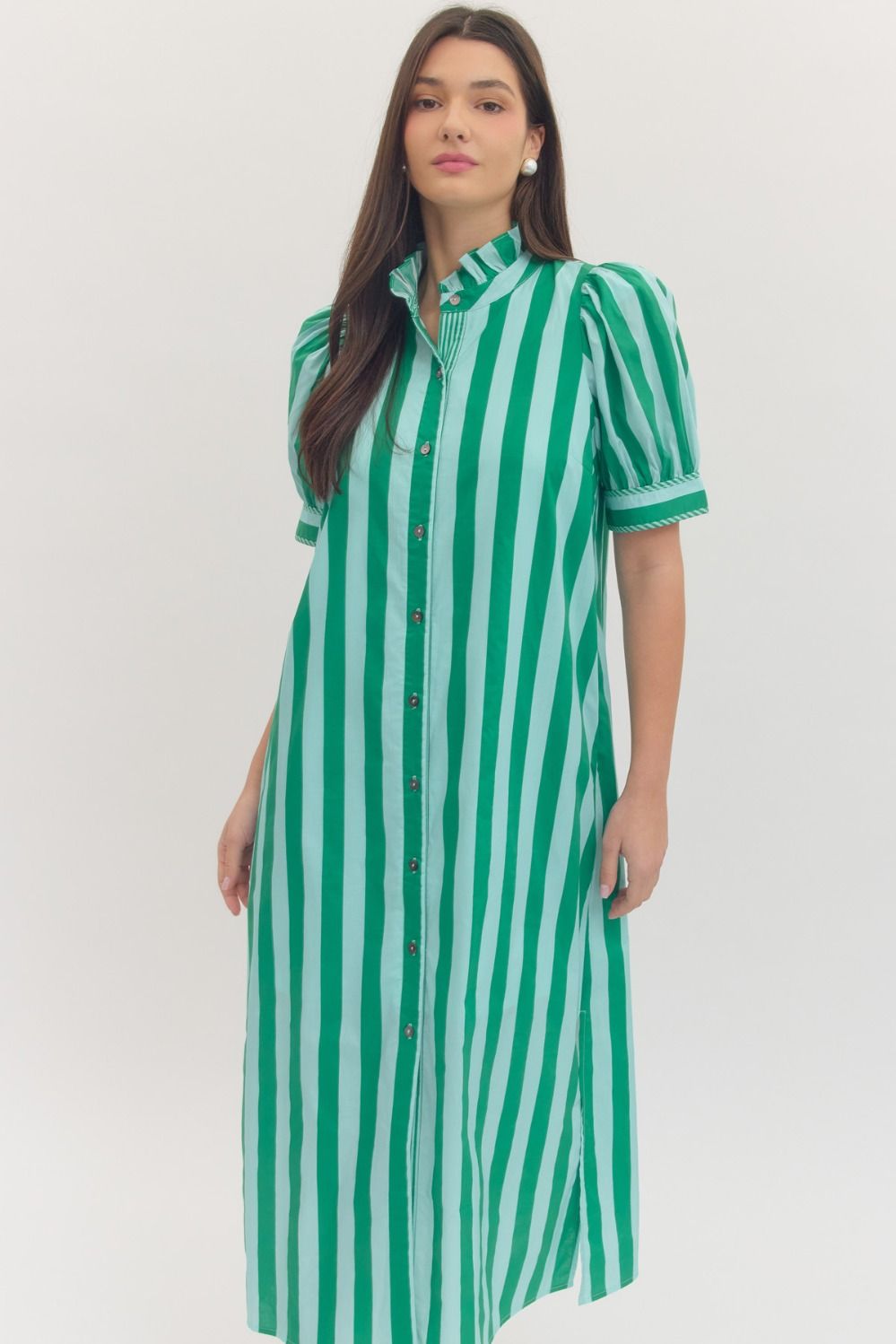 Puff Sleeve Striped Midi Dress
