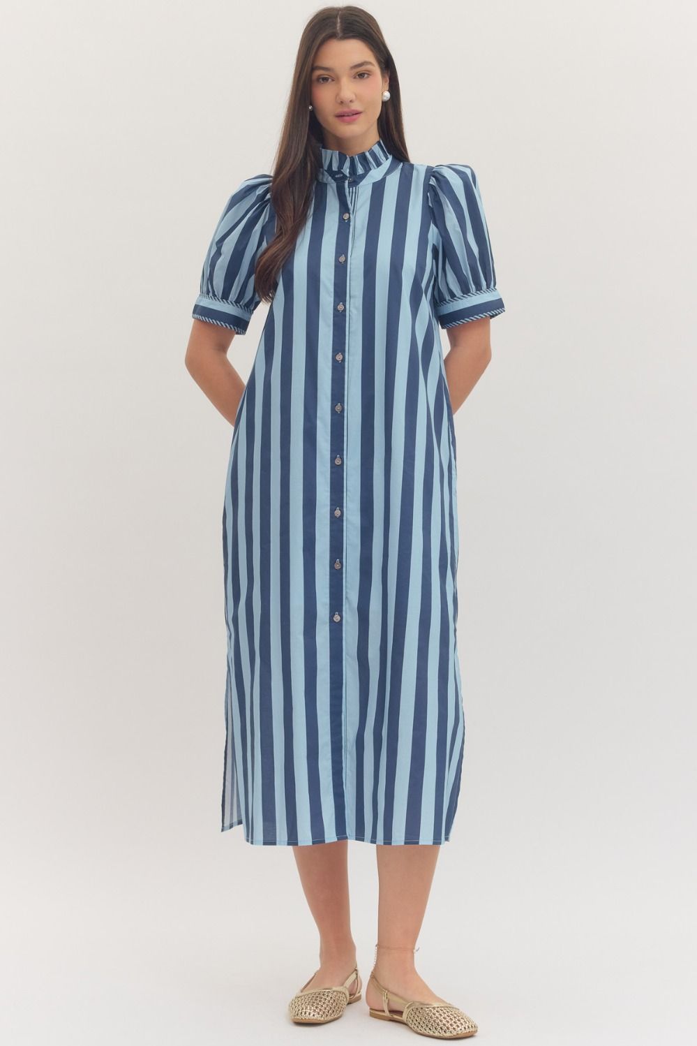 Puff Sleeve Striped Midi Dress