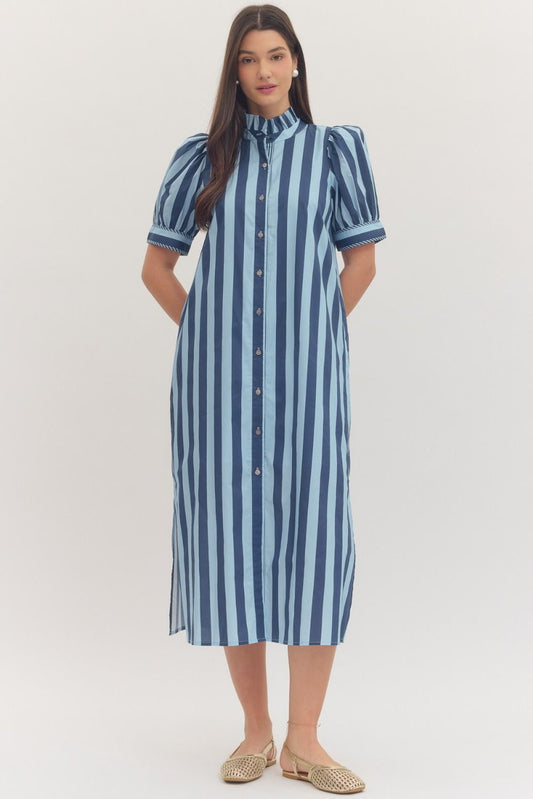 Puff Sleeve Striped Midi Dress
