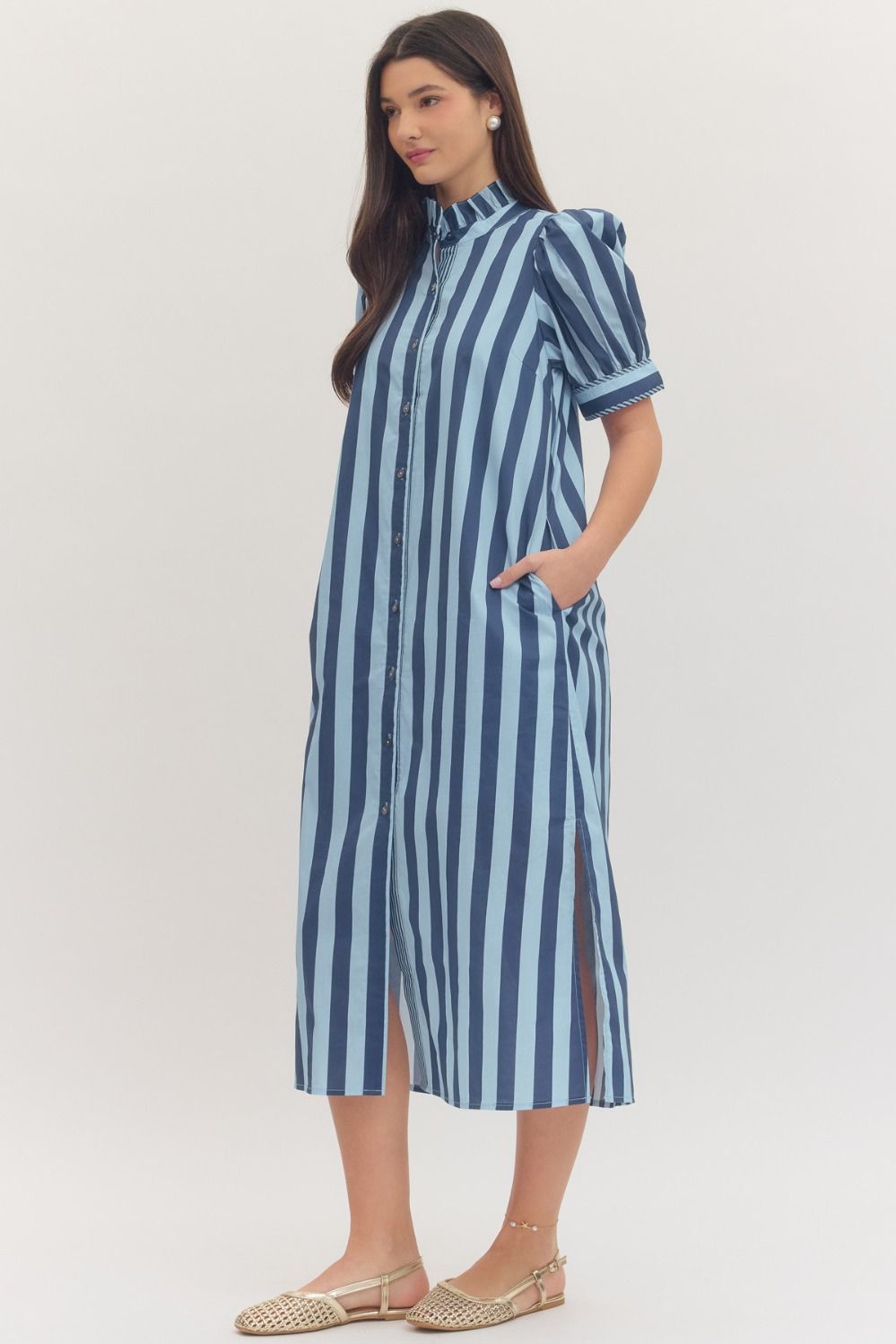 Puff Sleeve Striped Midi Dress