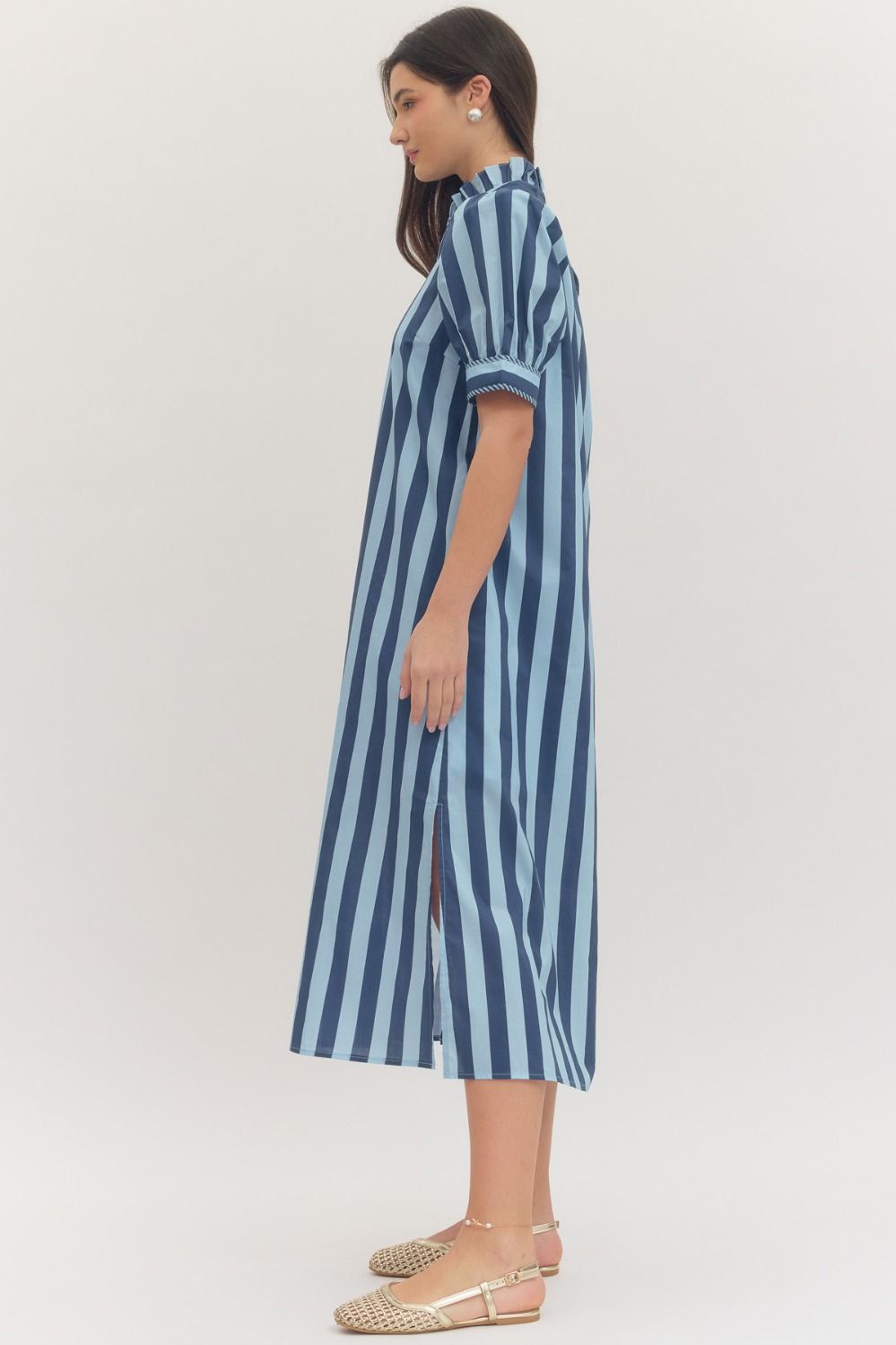 Puff Sleeve Striped Midi Dress