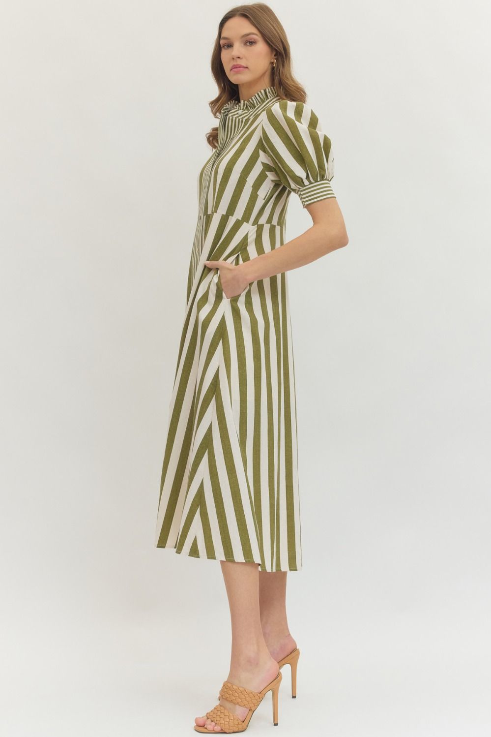 Striped Puff Sleeve Midi Dress