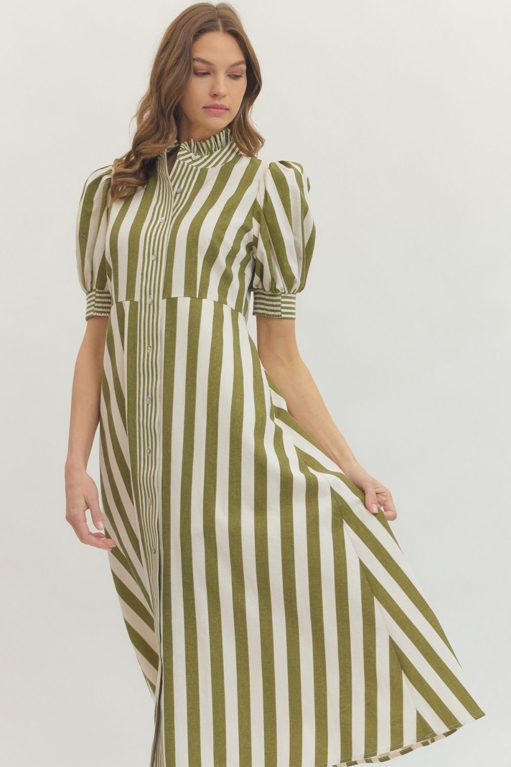 Striped Puff Sleeve Midi Dress