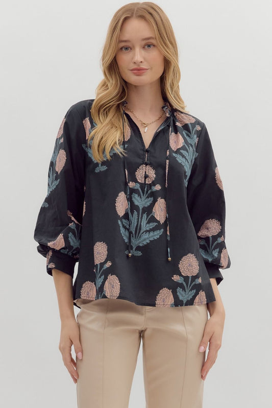 Floral Bubble Sleeve Pullover