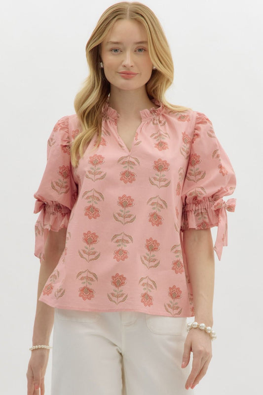 Floral Ruffle Neck Pullover Top