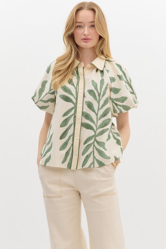 Botanical Print Bubble-sleeve Top