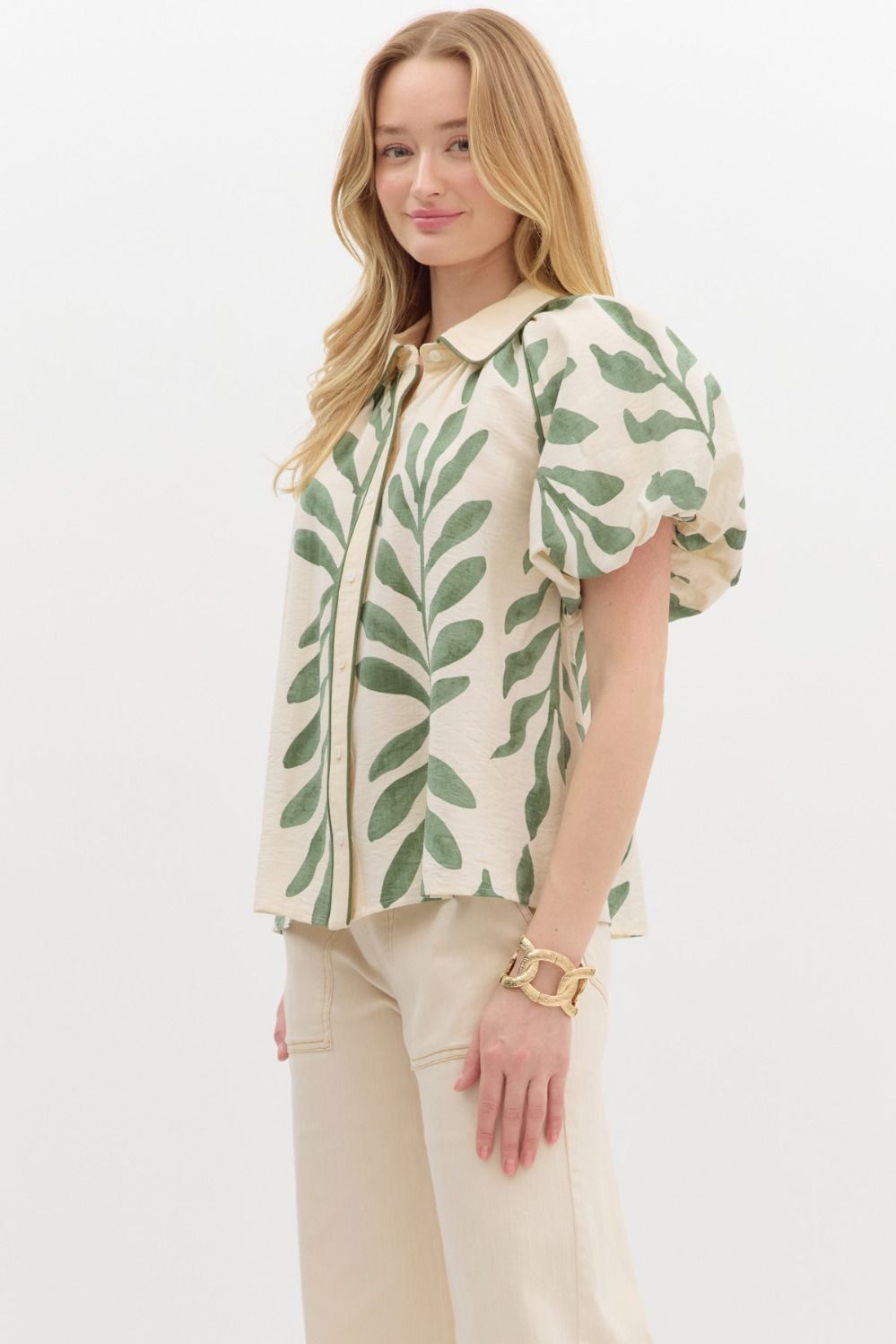 Botanical Print Bubble-sleeve Top