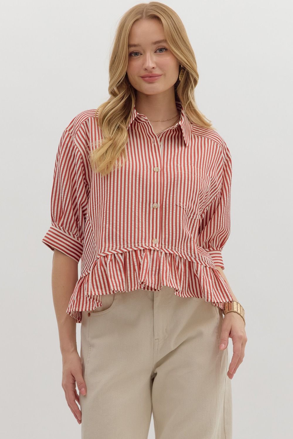 Ruffle Hem Button Down Top