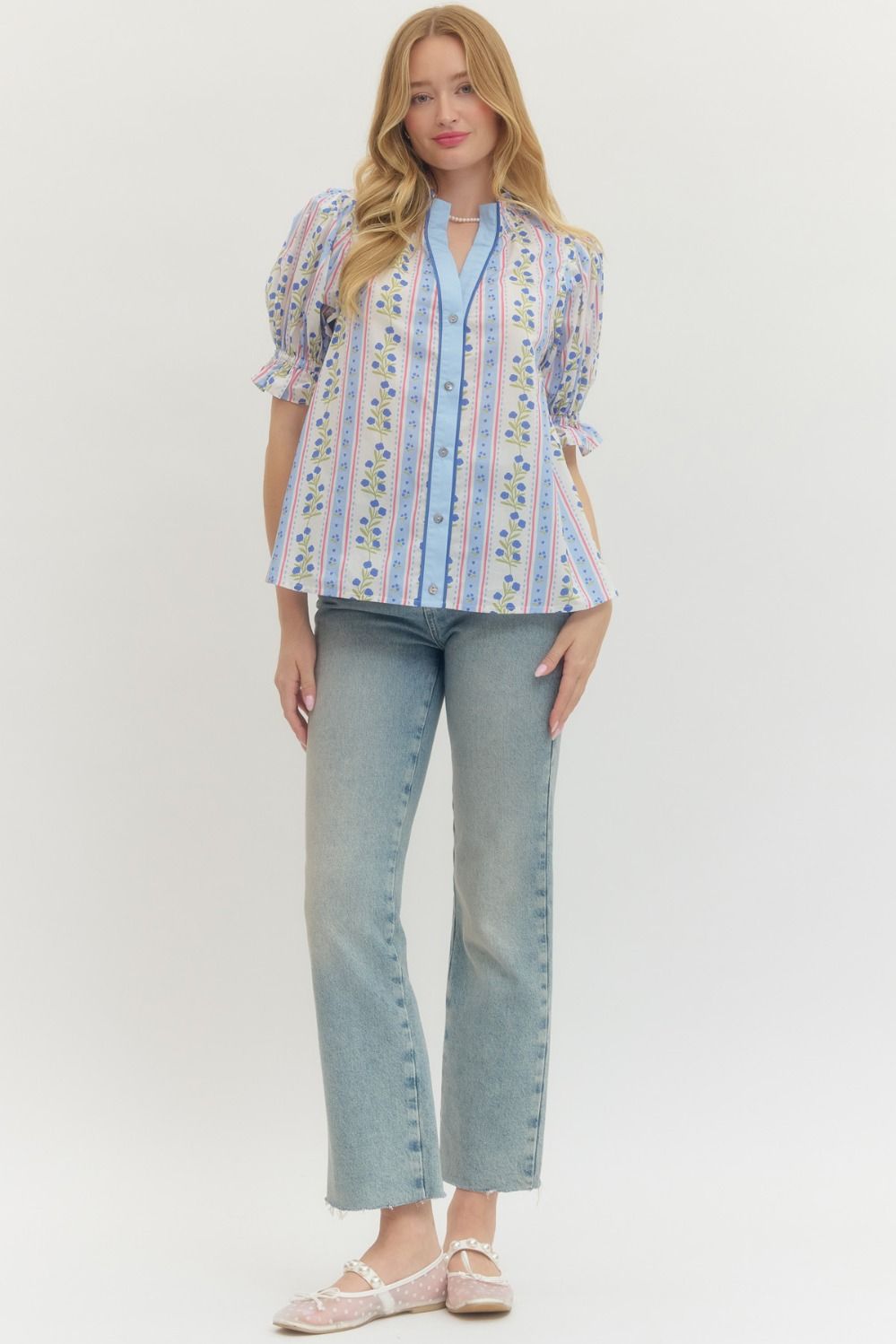 Puff Sleeve Floral Stripe Blouse