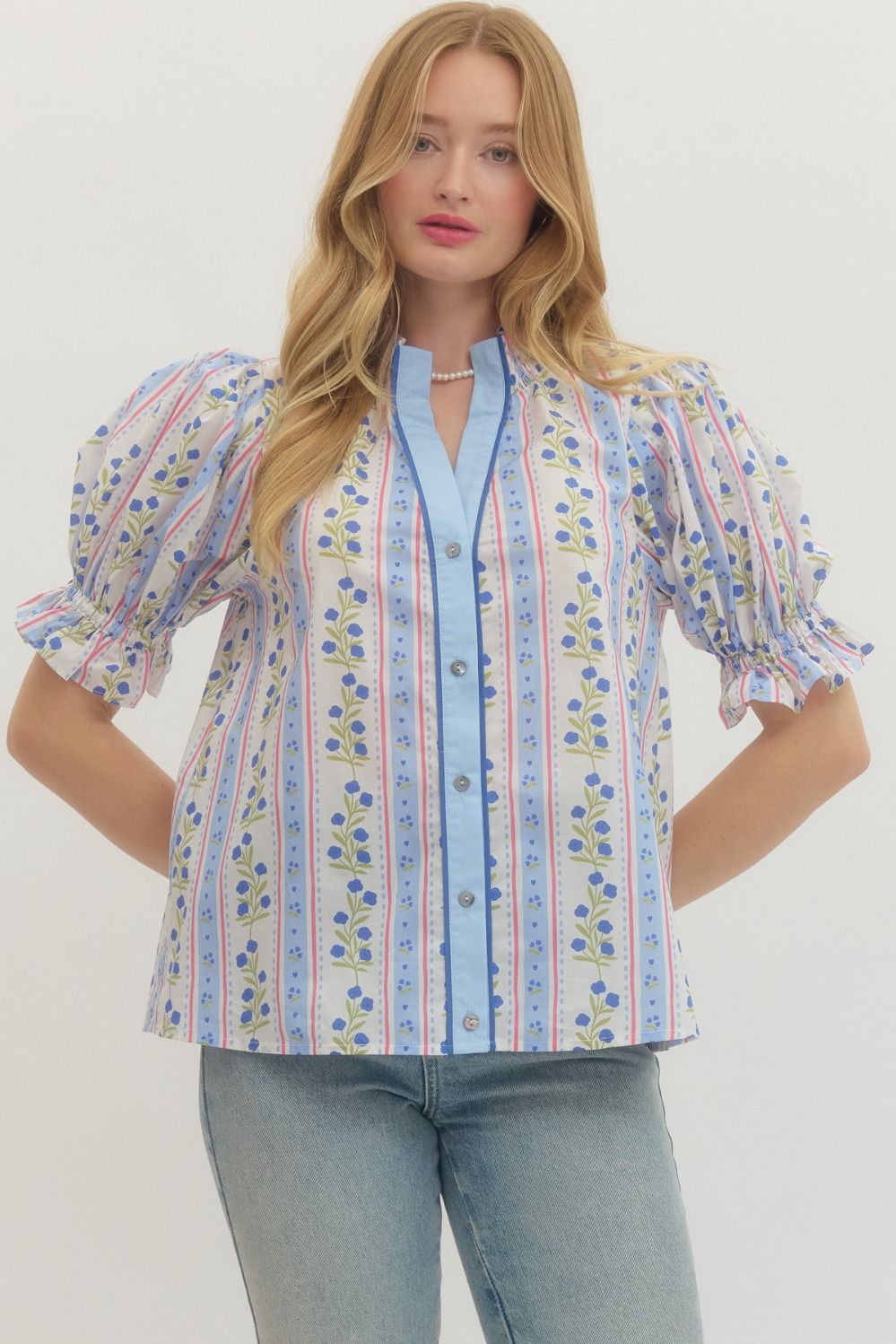 Puff Sleeve Floral Stripe Blouse