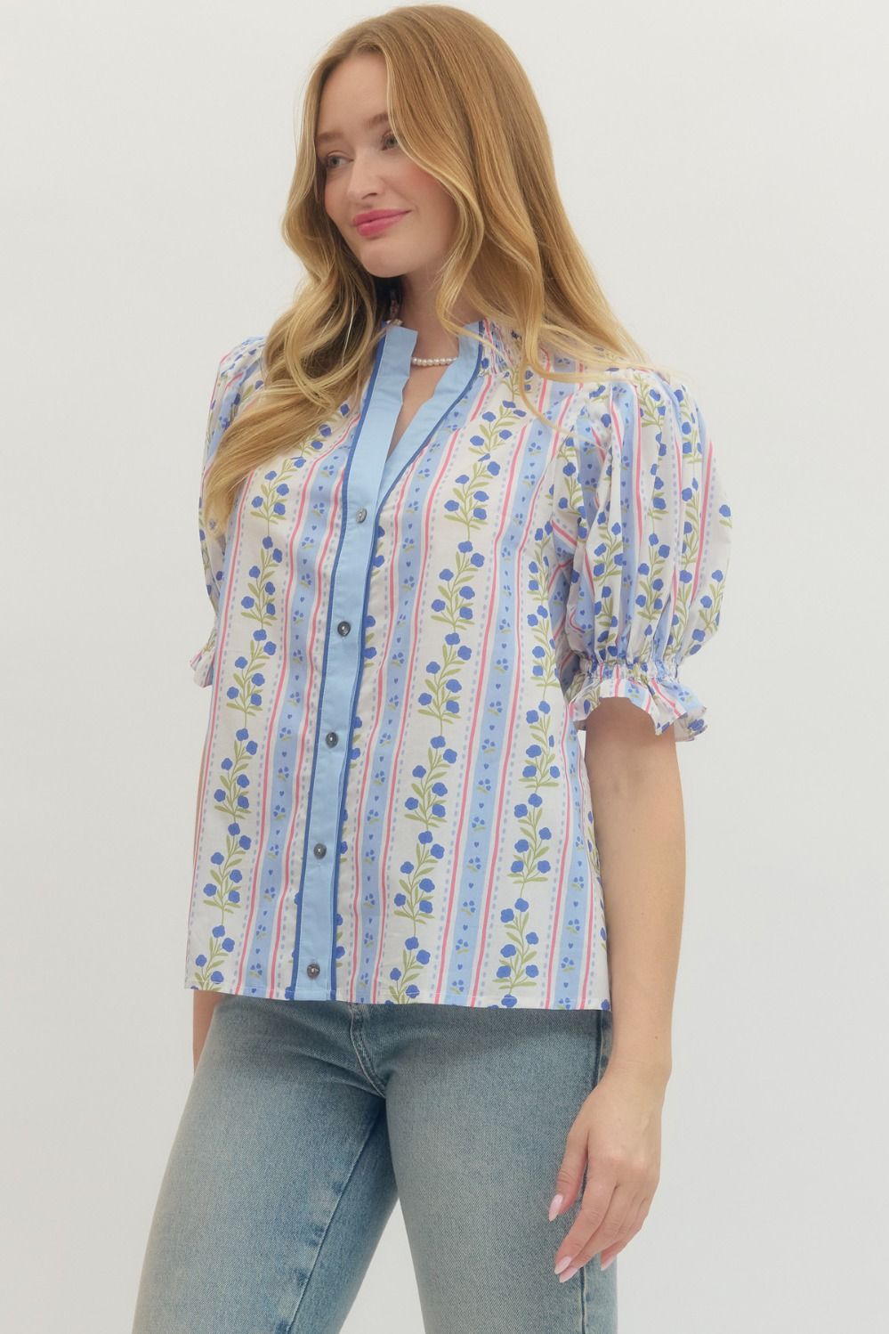 Puff Sleeve Floral Stripe Blouse