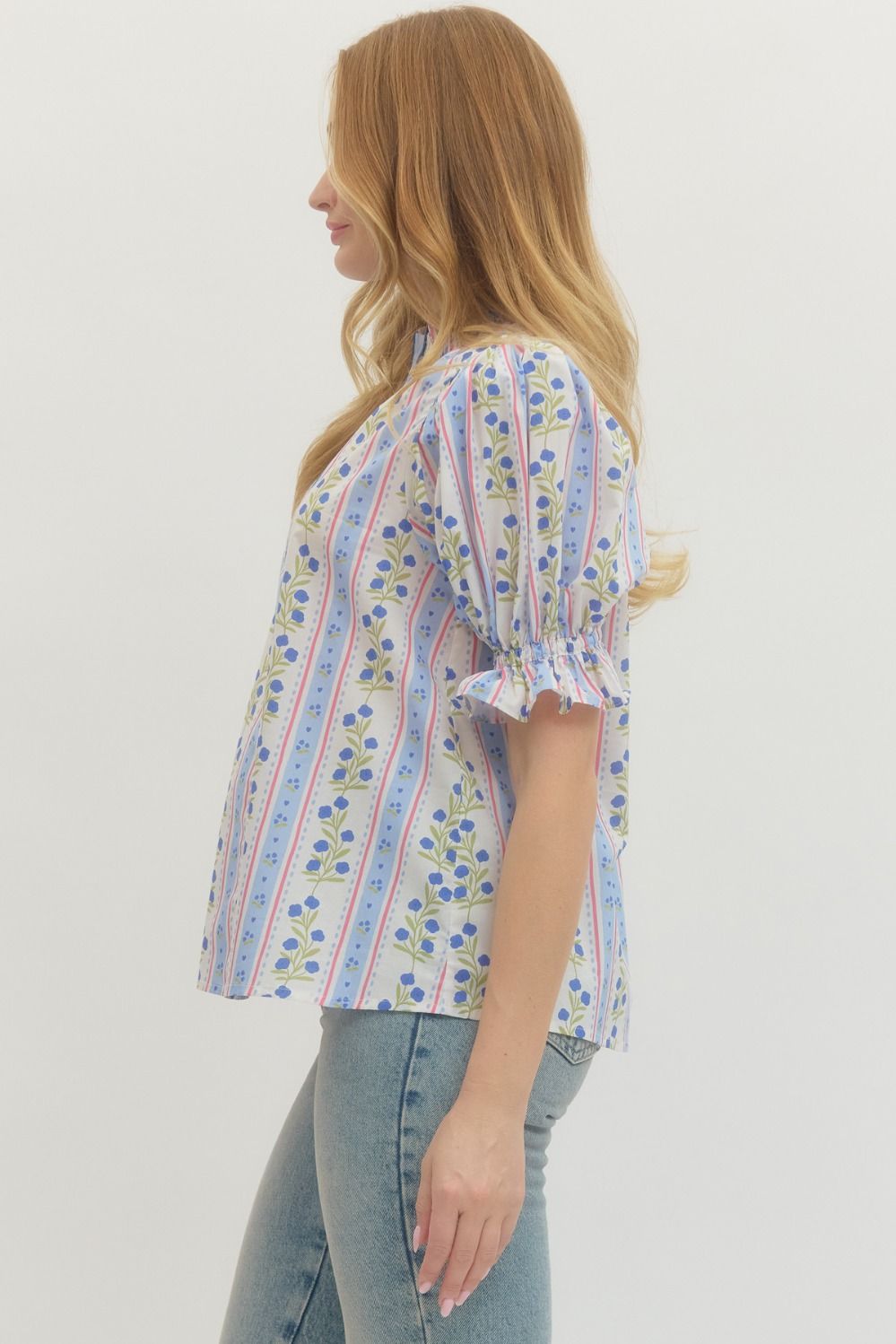 Puff Sleeve Floral Stripe Blouse