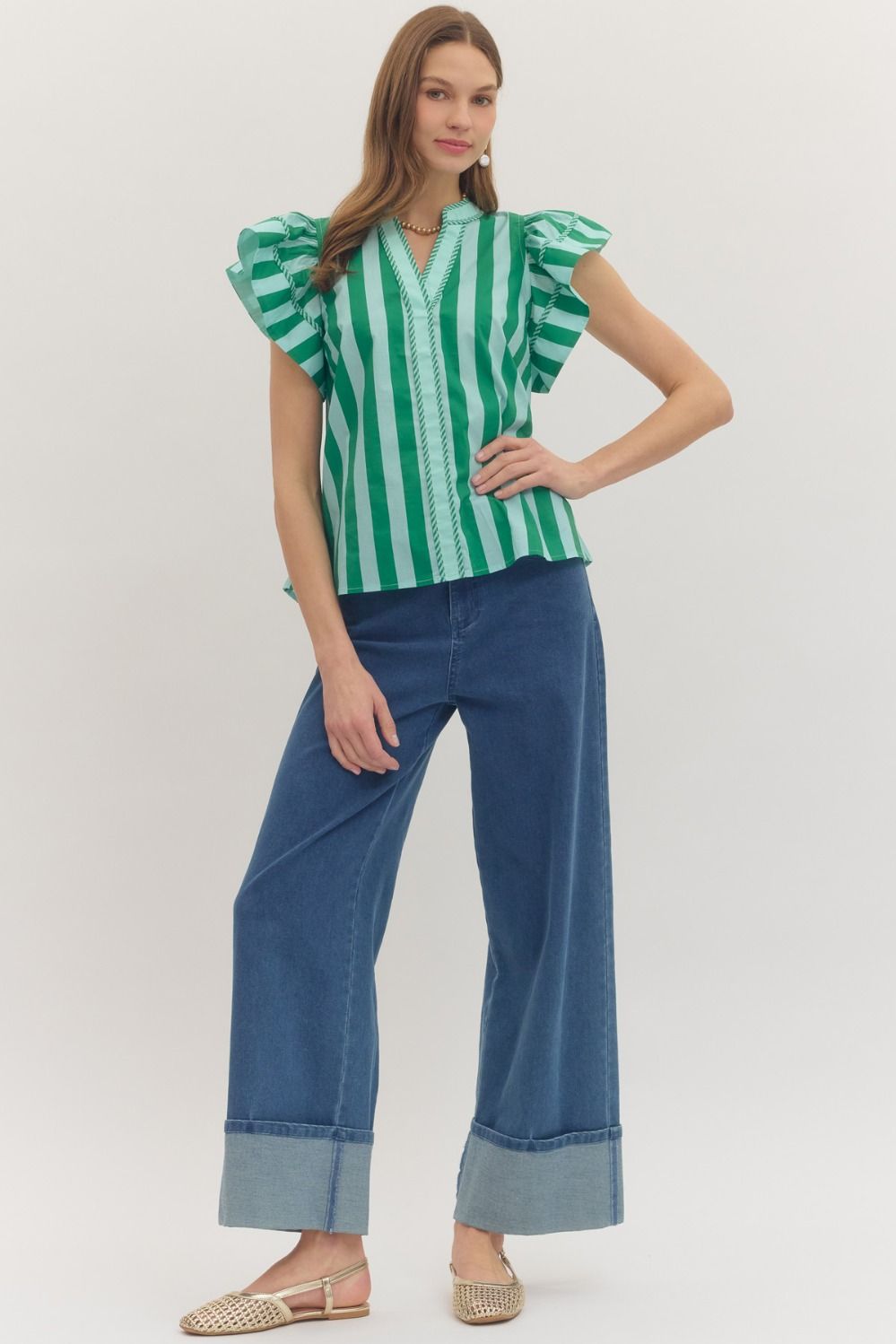 Striped Flutter Sleeve Top