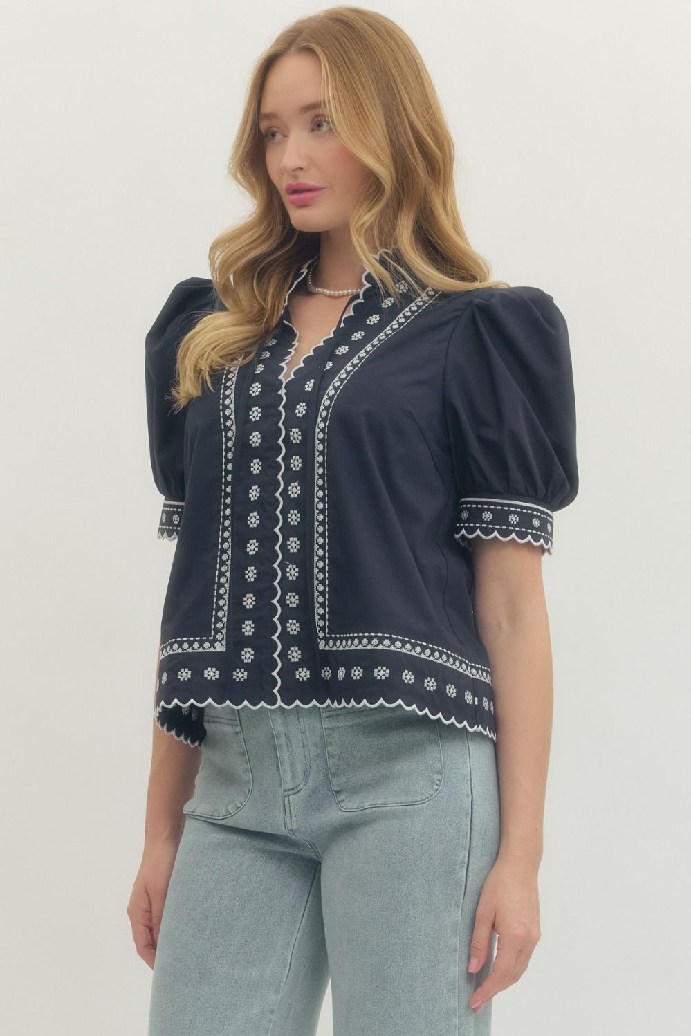 Puff Sleeve Embroidered Top