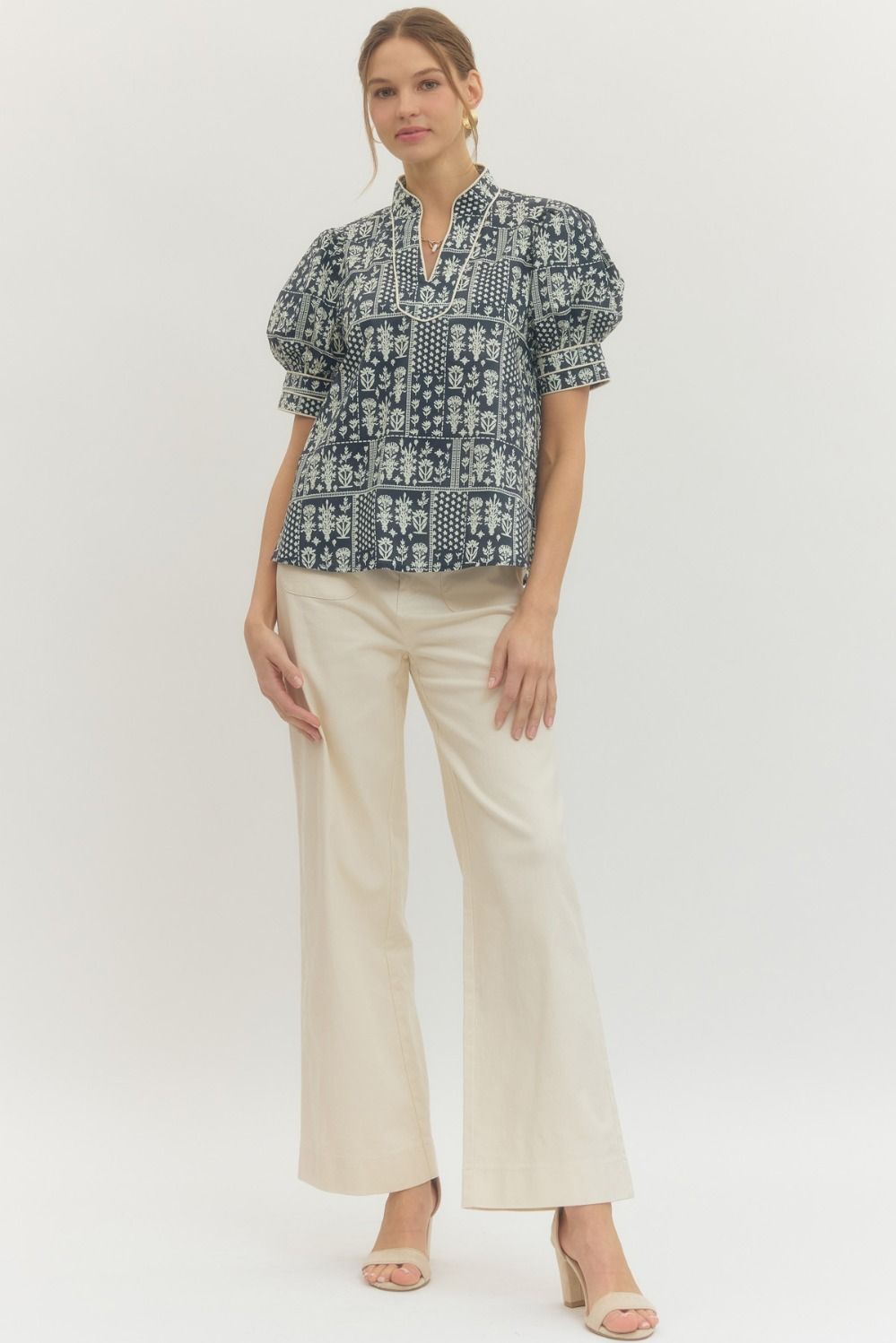 Puff Sleeve Navy Floral Top