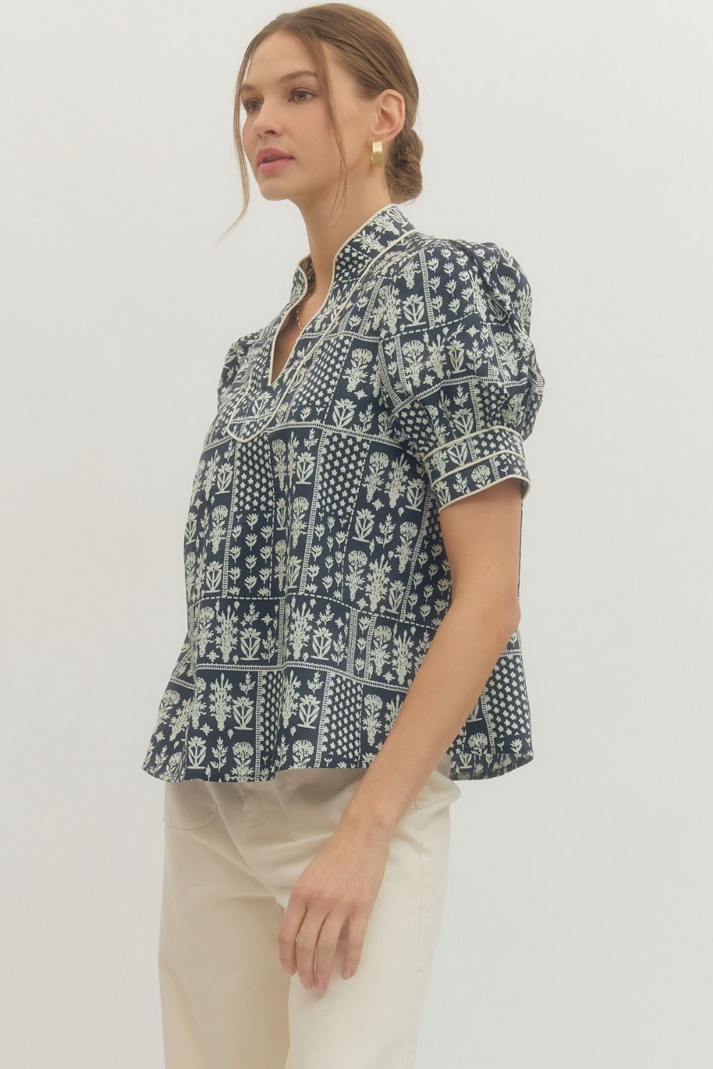 Puff Sleeve Navy Floral Top