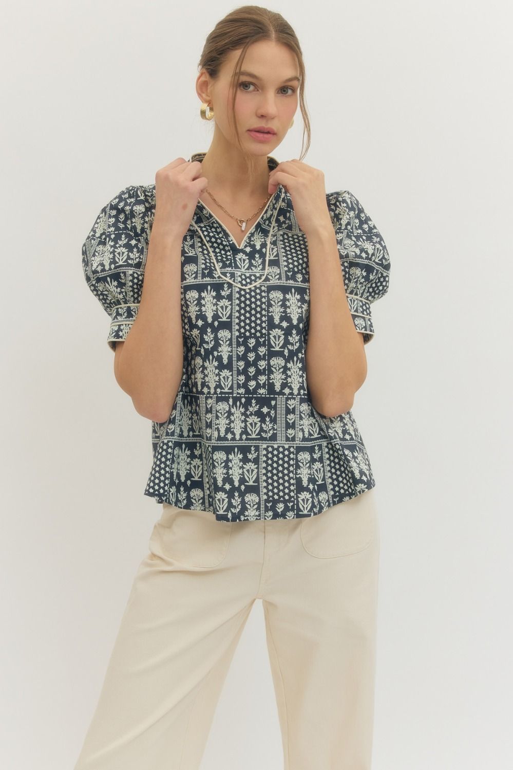 Puff Sleeve Navy Floral Top