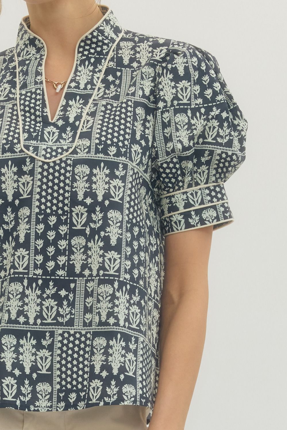 Puff Sleeve Navy Floral Top
