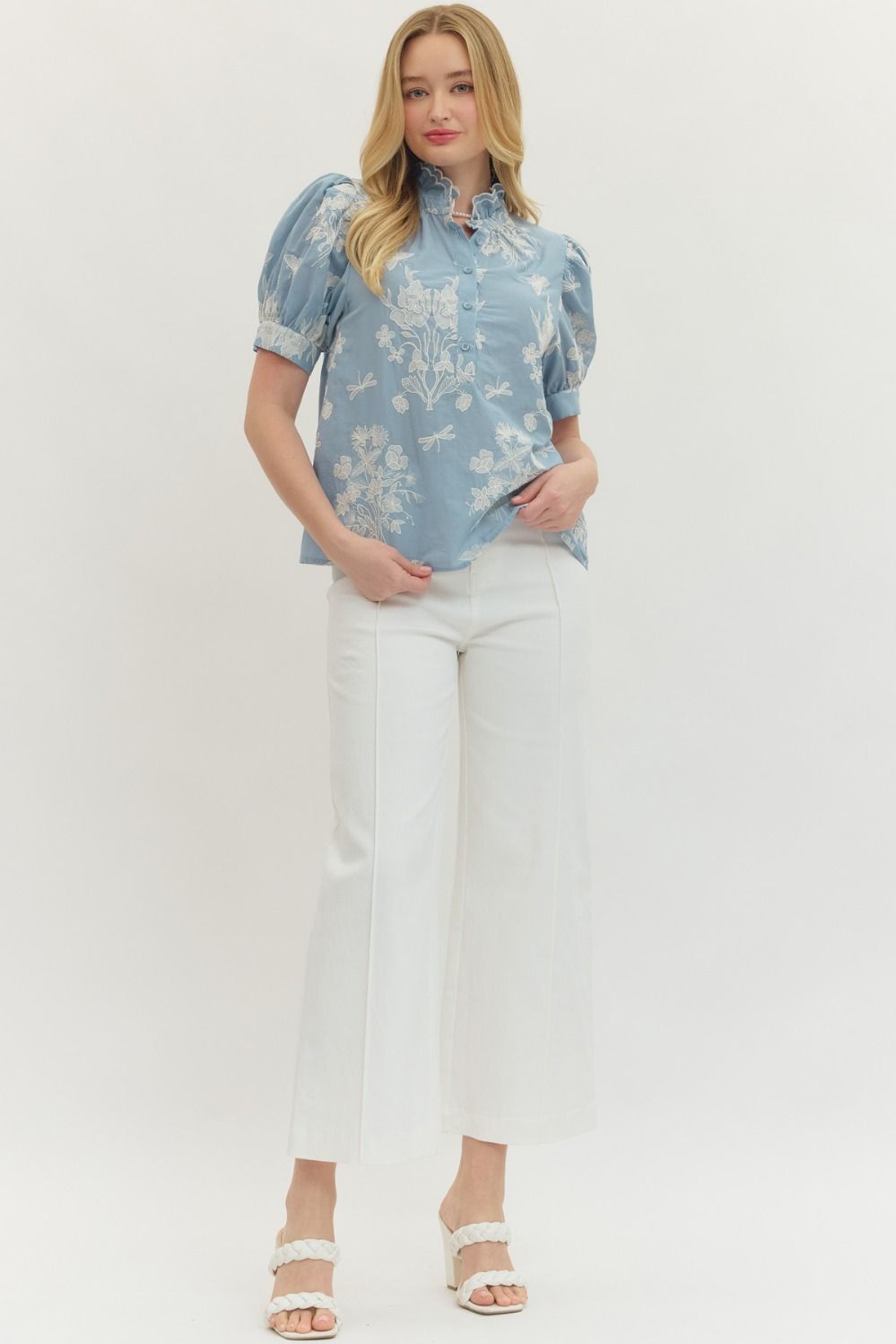 Puff Sleeve Floral Embroidered Top