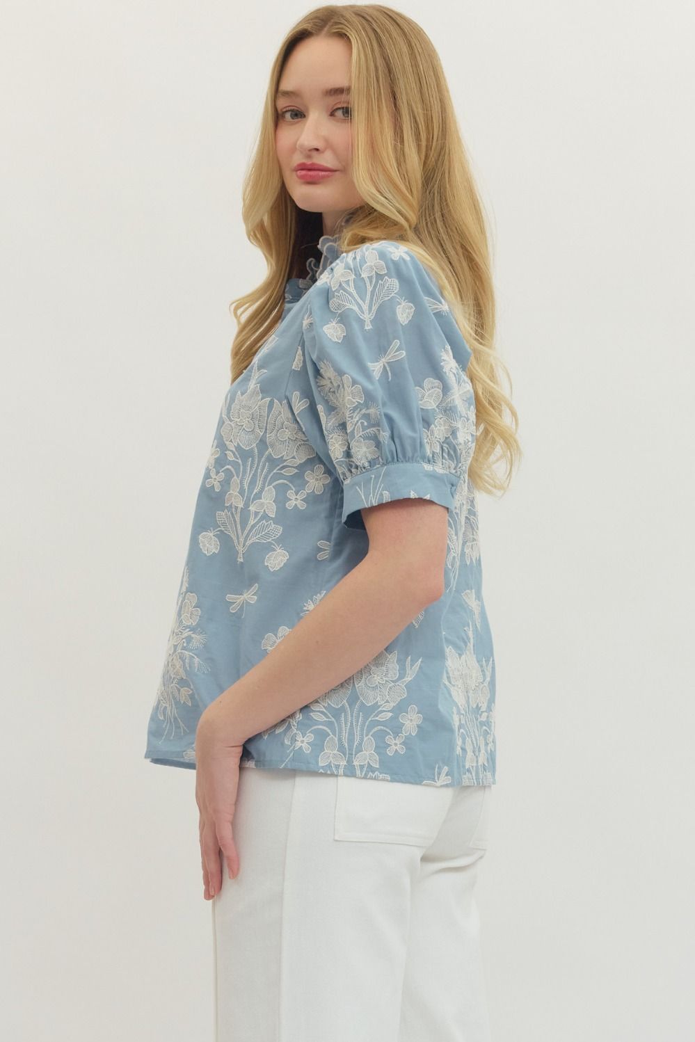 Puff Sleeve Floral Embroidered Top