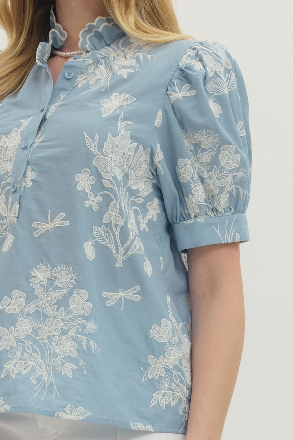 Puff Sleeve Floral Embroidered Top