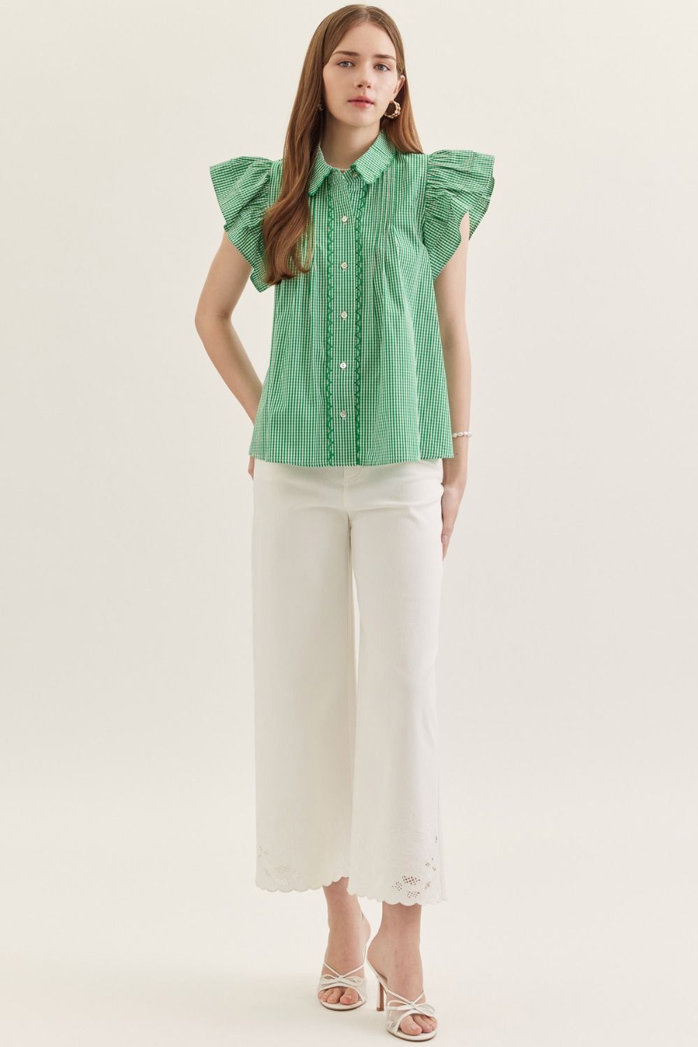Gingham Ruffle Cap Sleeve Top