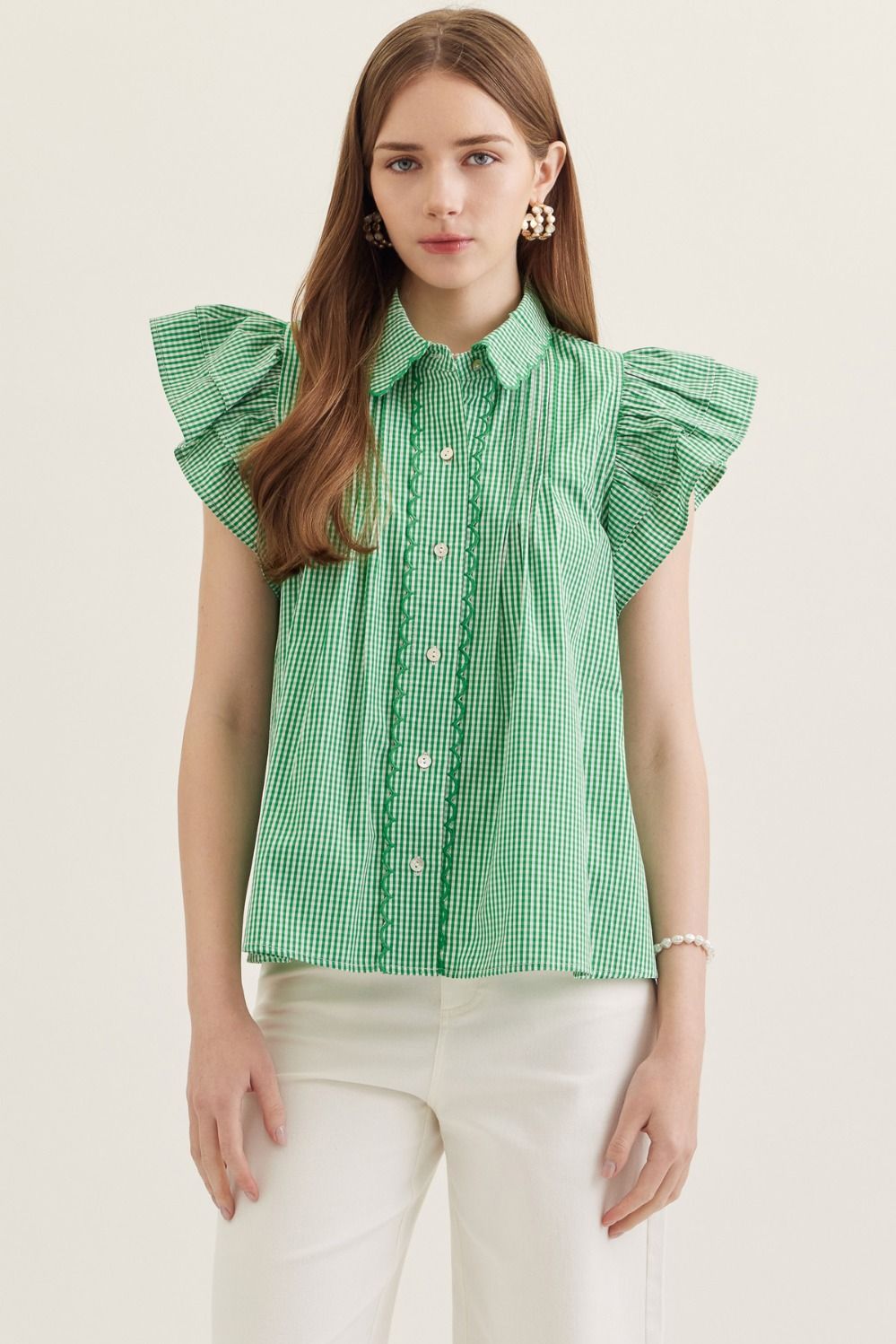 Gingham Ruffle Cap Sleeve Top