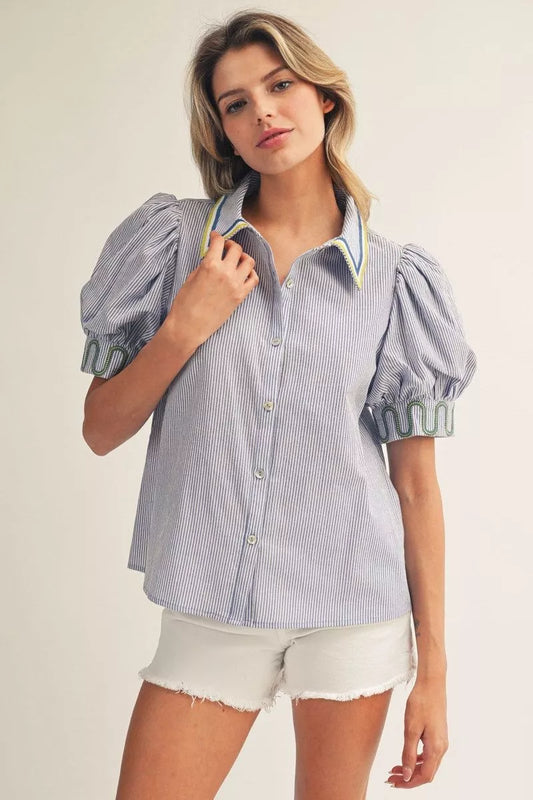 Blue Striped Puff Sleeve Button Up Top