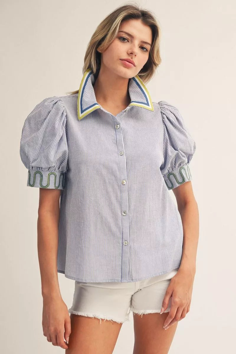 Blue Striped Puff Sleeve Button Up Top